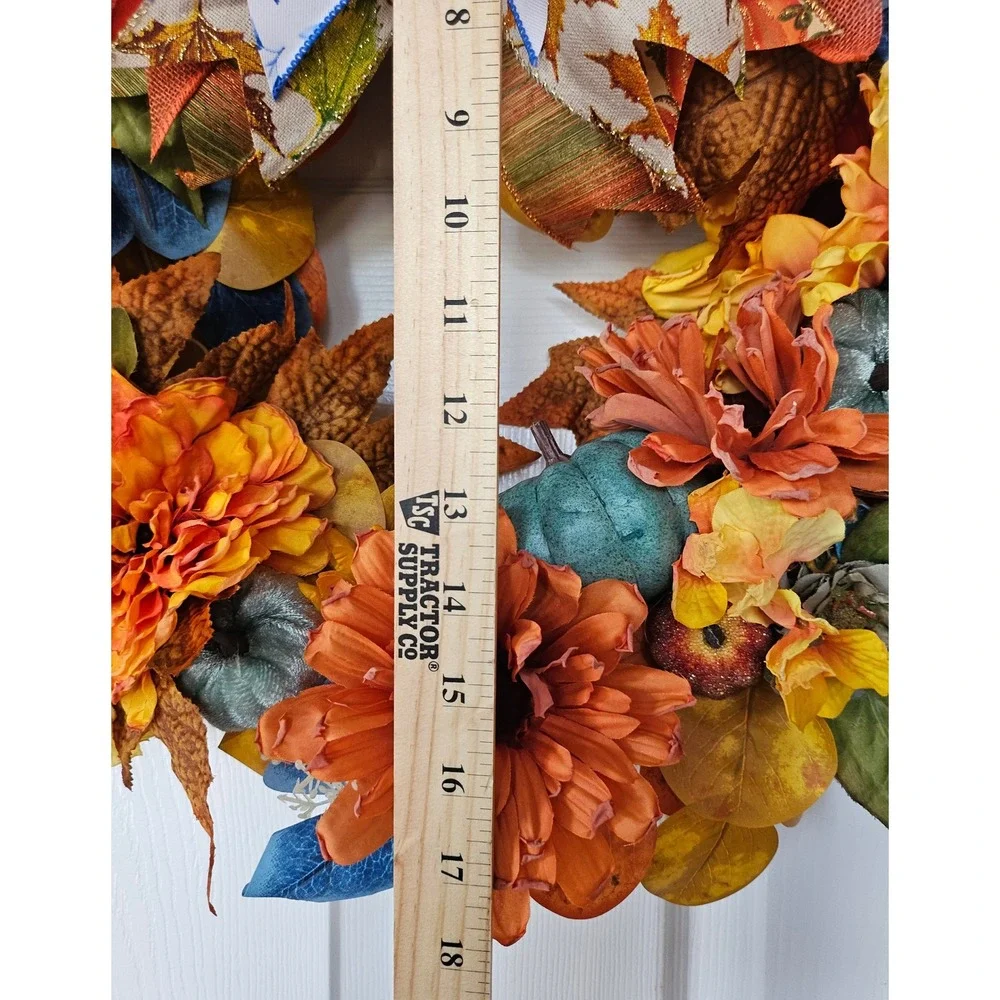Handmade Fall Wreath Autumn Front Door Decor Teal Orange Pumpkins Sunflowers 24